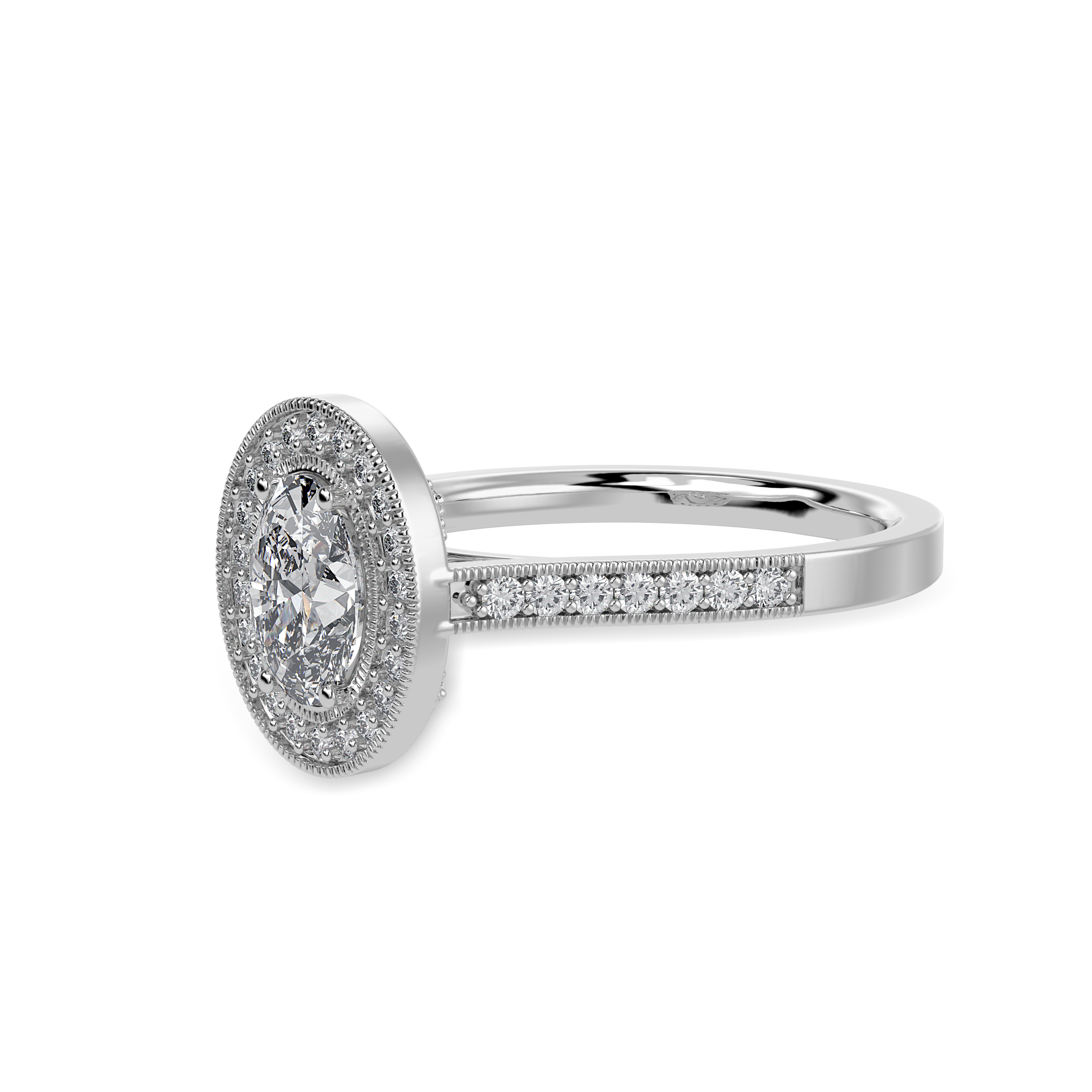 70-Pointer Oval Cut Solitaire Halo Diamond Shank Platinum Ring JL PT 1325-B   Jewelove.US