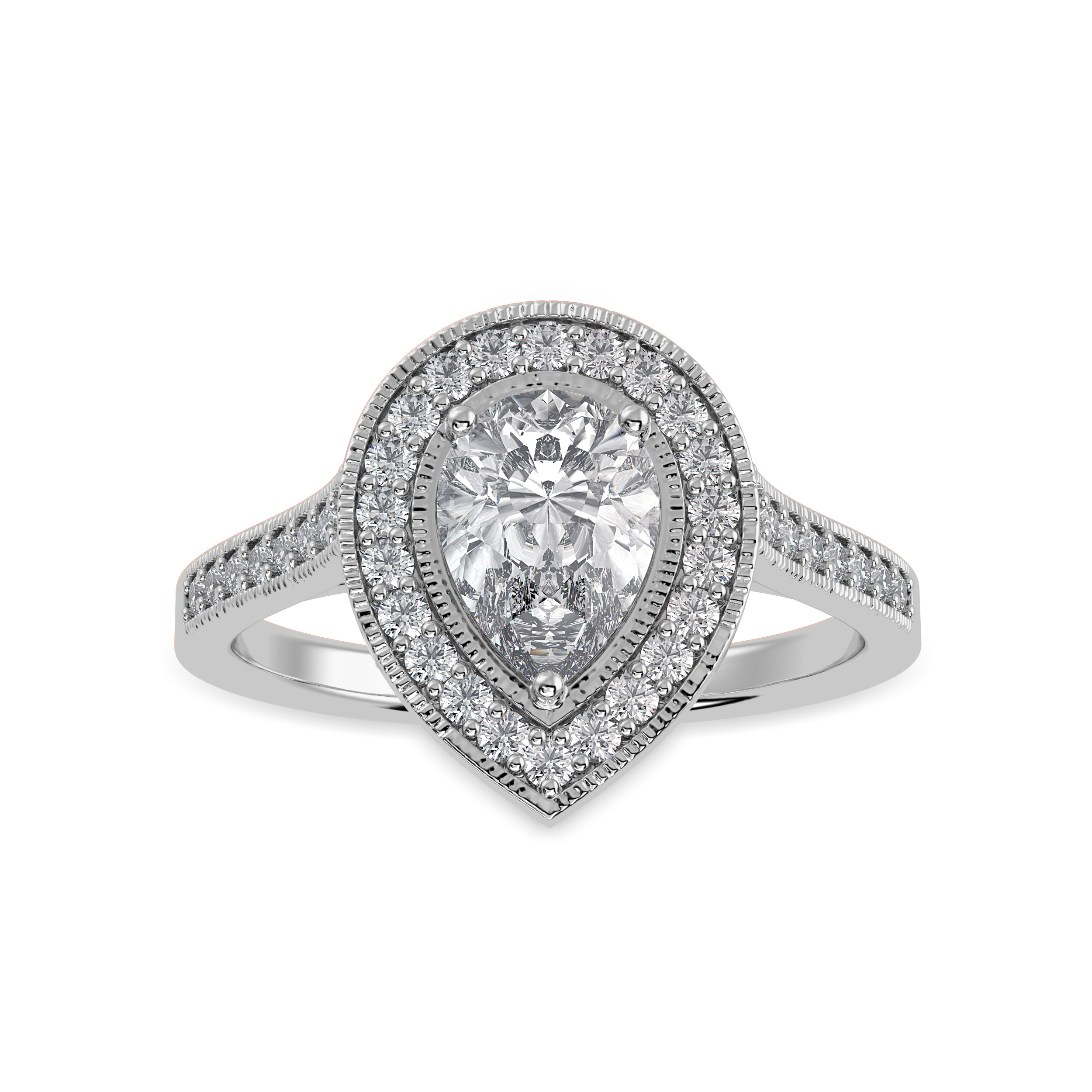 70-Pointer Pear Cut Solitaire Halo Diamond Shank Platinum Ring JL PT 1327-B   Jewelove.US