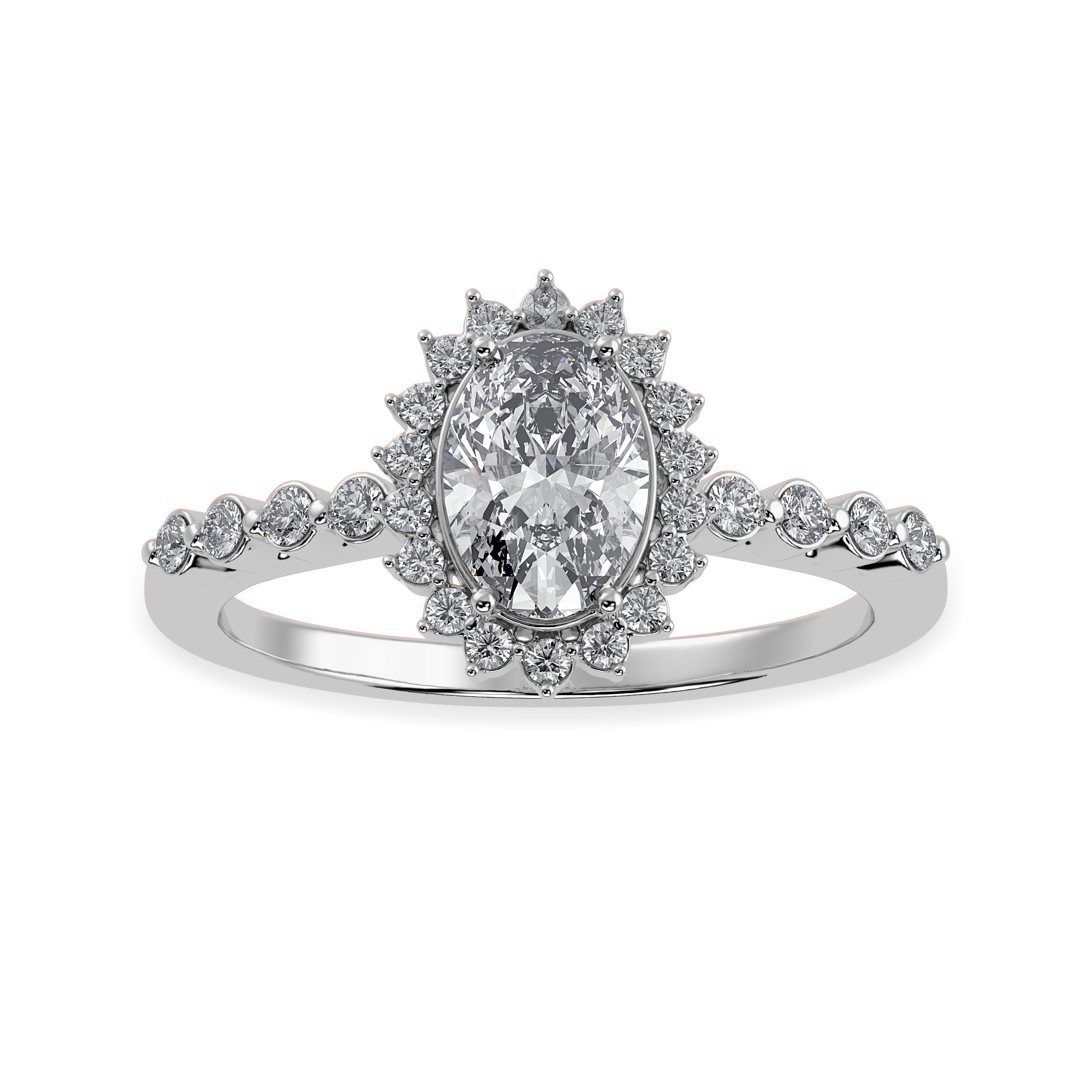 30-Pointer Oval Cut Solitaire Halo Diamond Shank Platinum Ring JL PT 1252   Jewelove.US