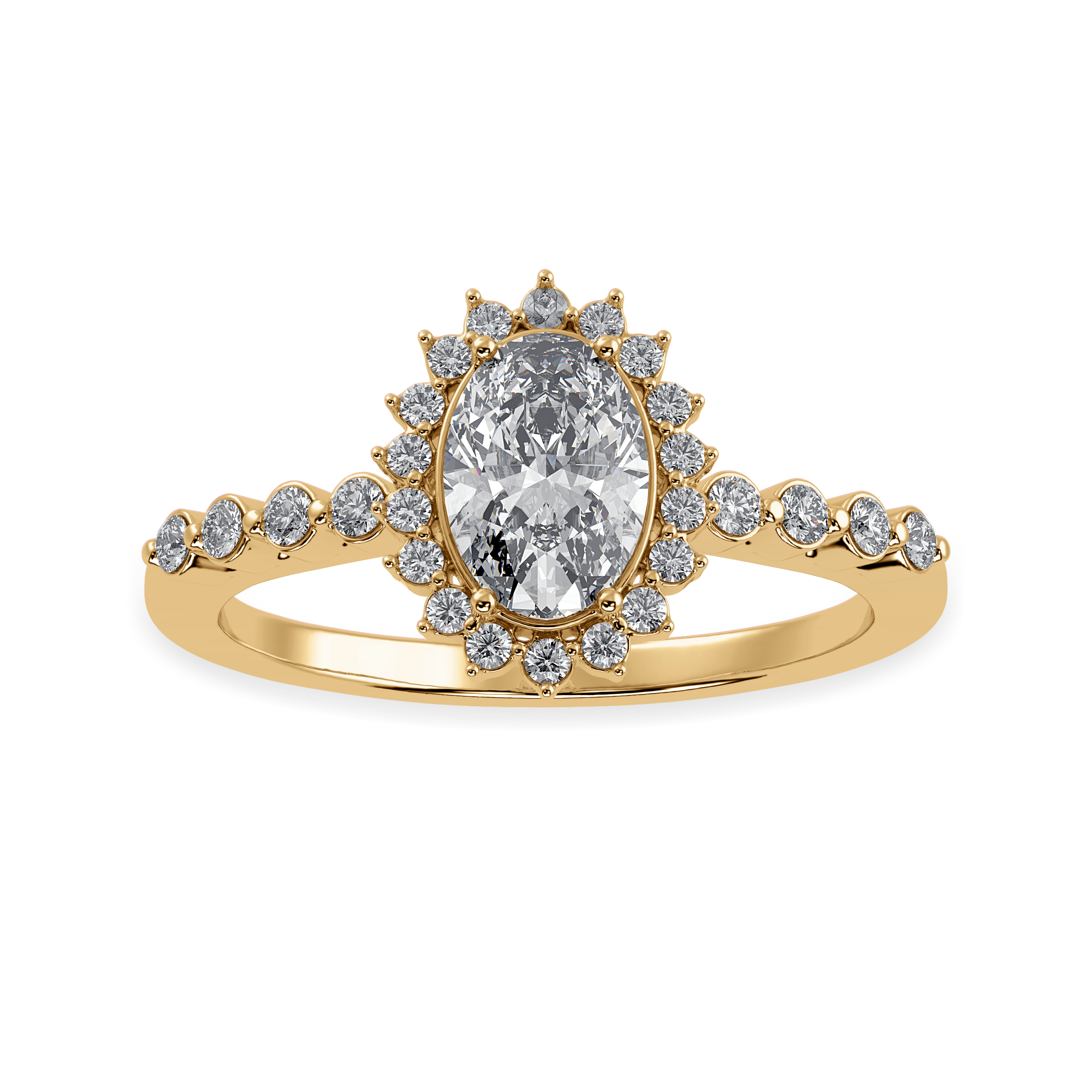 70cts. Oval Cut Solitaire Halo Diamond Shank 18K Yellow Gold Ring JL AU 1252Y-B   Jewelove.US