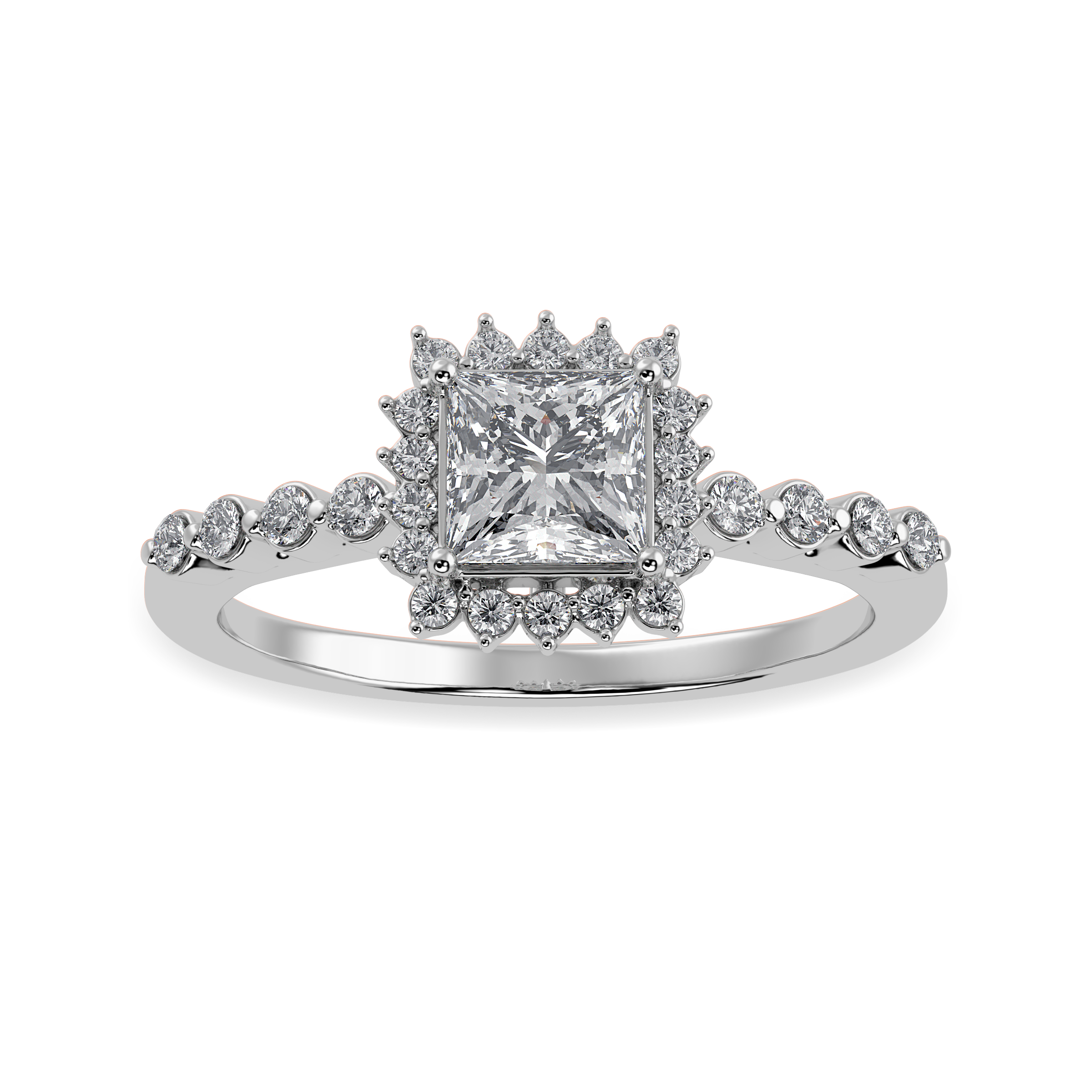 50-Pointer Princess Cut Solitaire Halo Diamond Shank Platinum Ring JL PT 1248-A   Jewelove.US