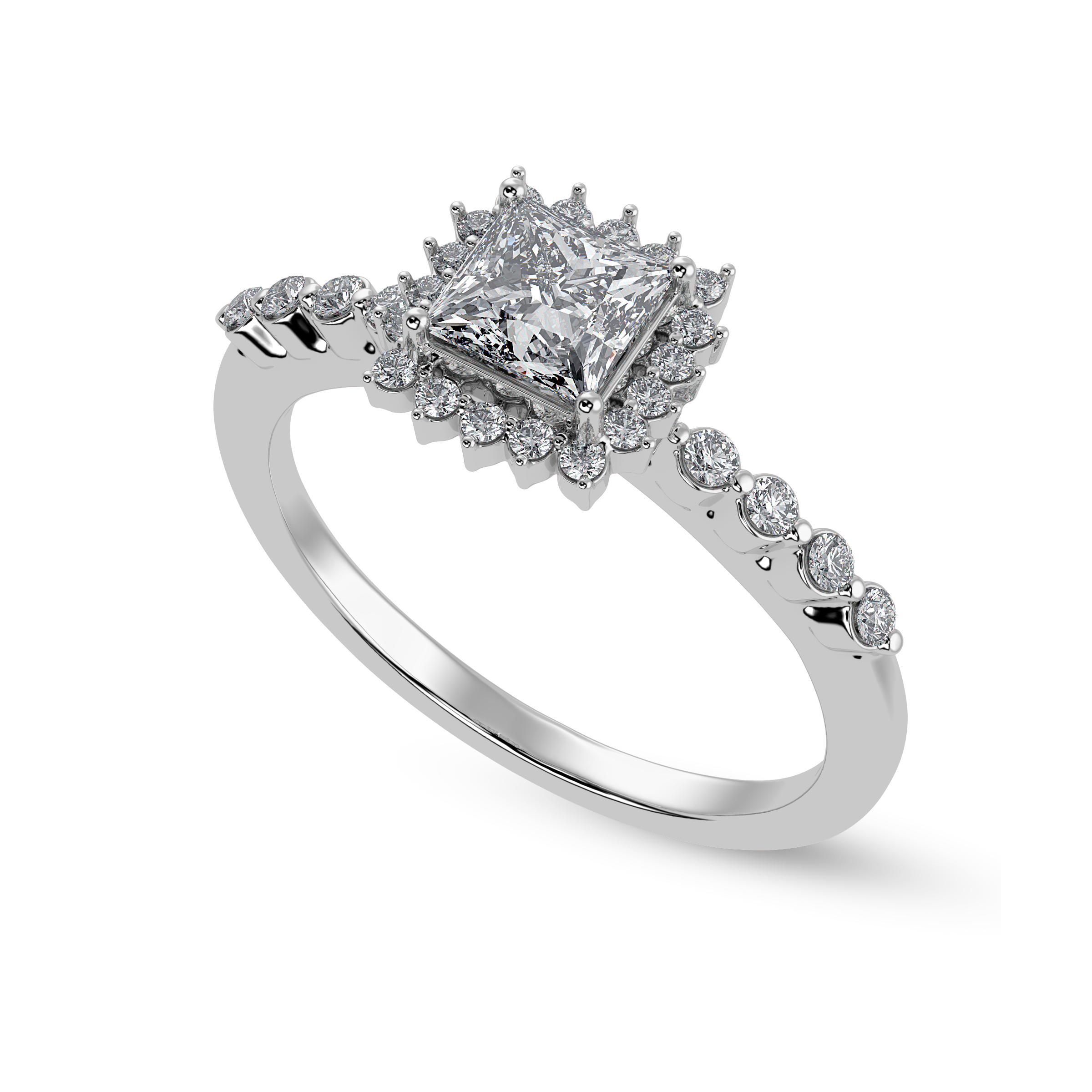 30-Pointer Princess Cut Solitaire Halo Diamond Shank Platinum Ring JL PT 1248   Jewelove.US