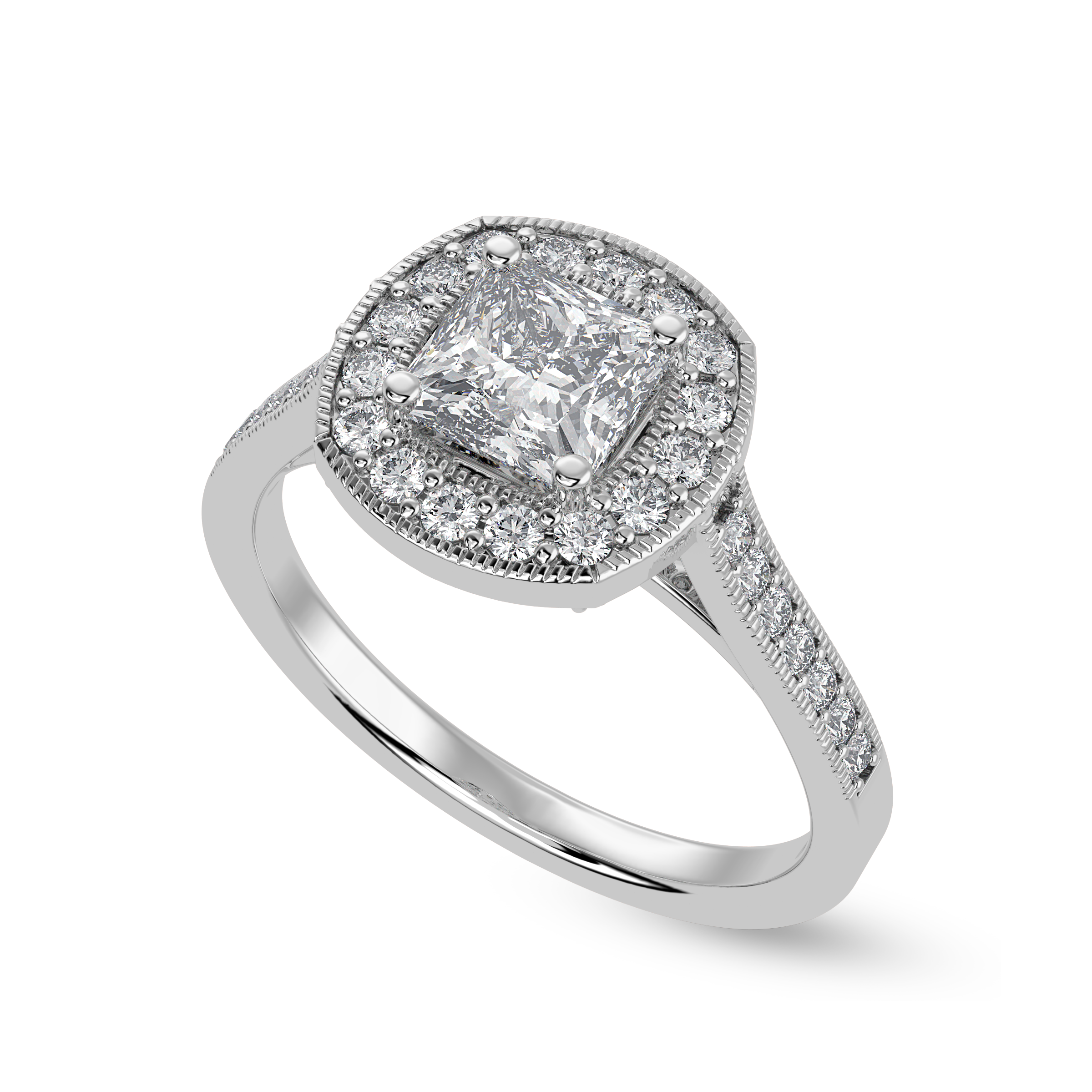 70-Pointer Princess Cut Solitaire Halo Diamond Shank Platinum Ring JL PT 1331-B   Jewelove.US