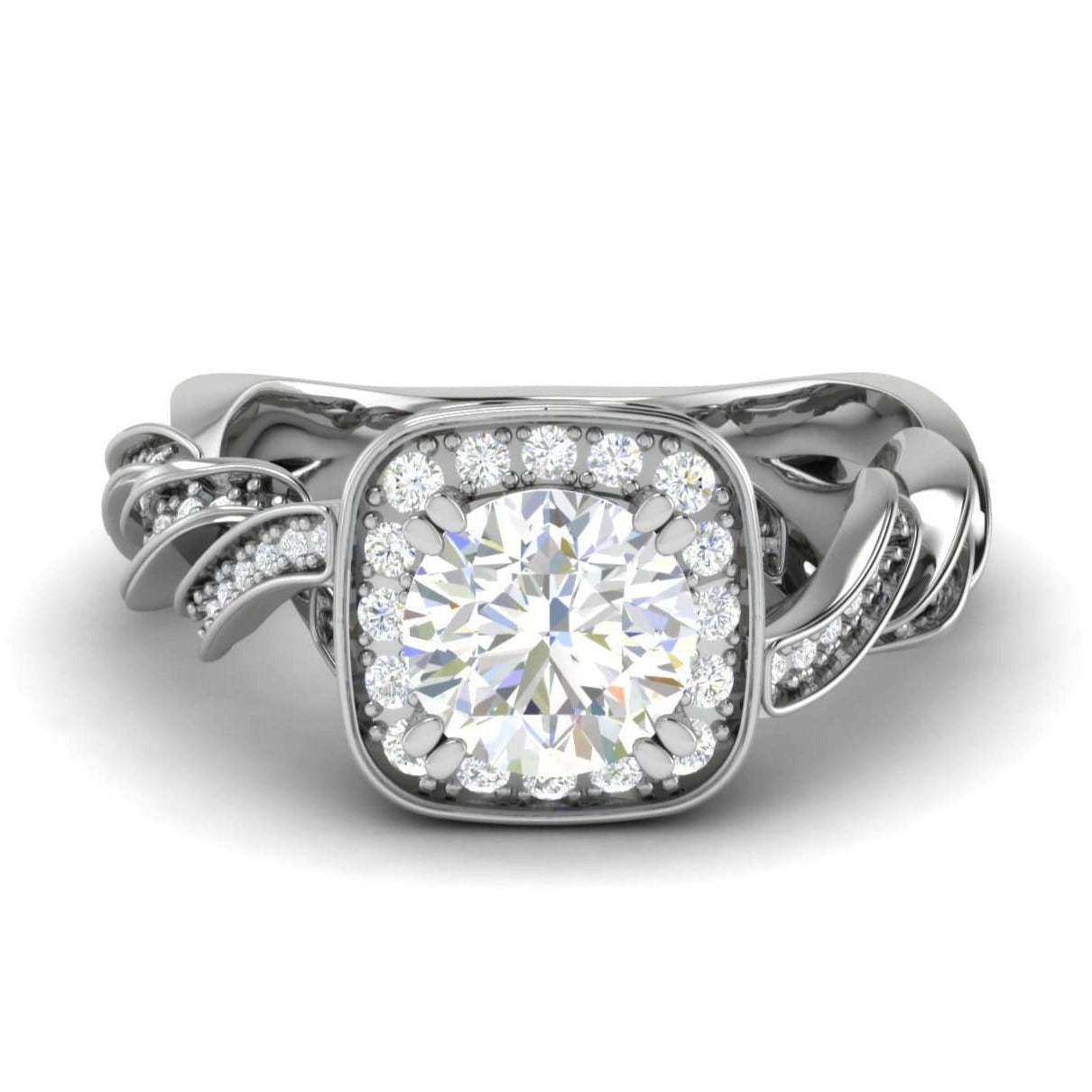 50-Pointer Lab Grown Solitaire Square Halo Diamond Twisted Shank Platinum Ring JL PT LG G REHS1530