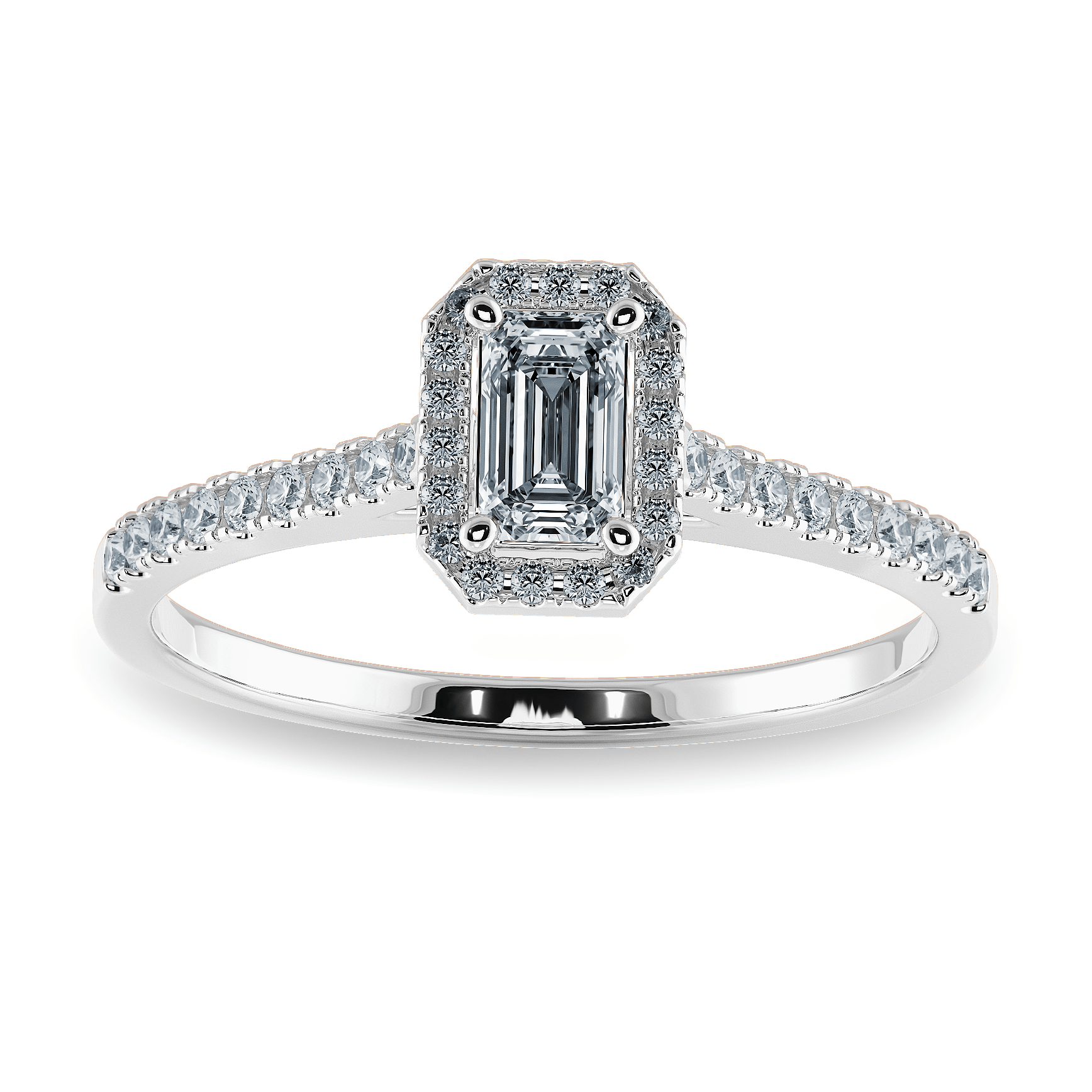 0.50cts Emerald Cut Solitaire Halo Diamond Shank Platinum Ring JL PT 1197-A