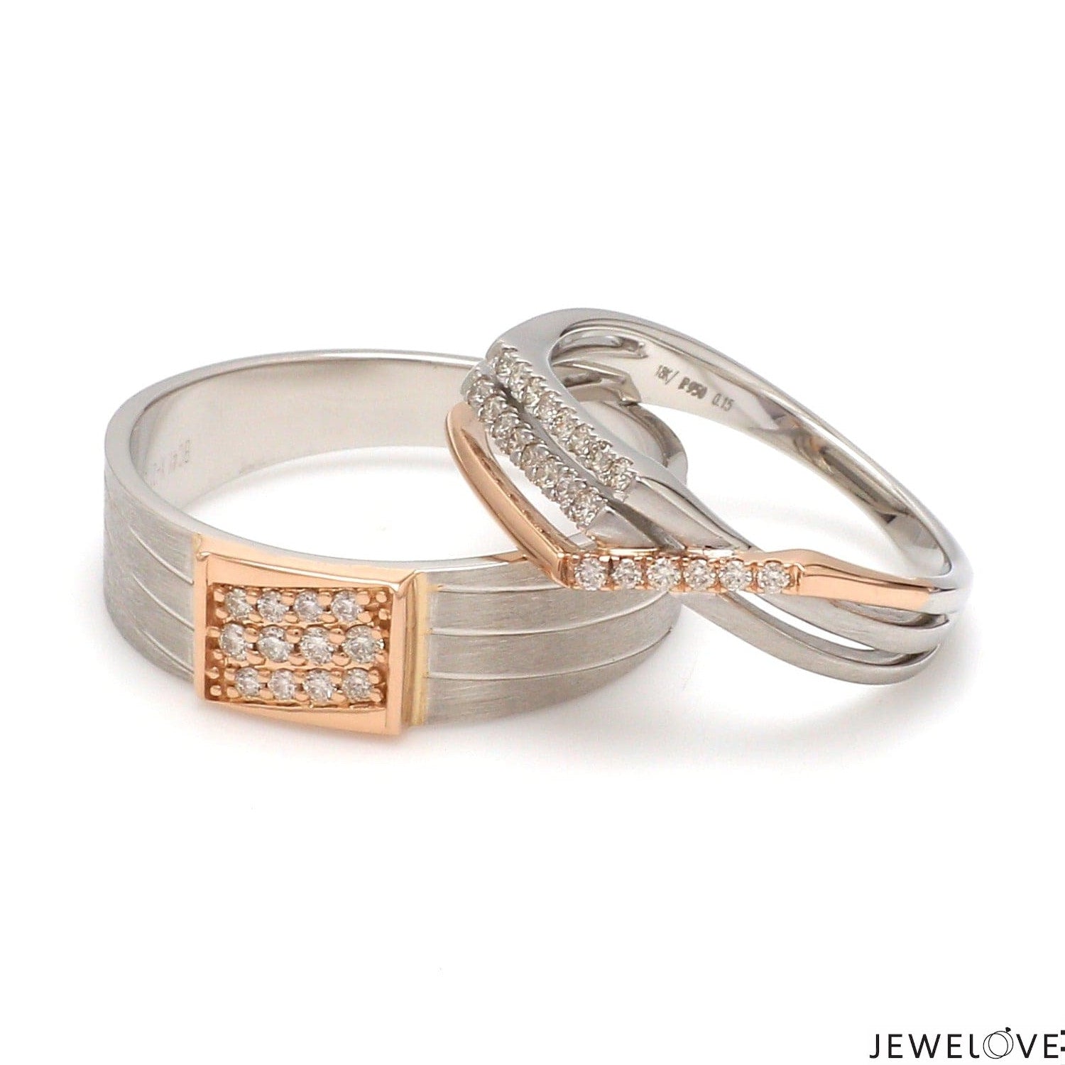 Parallel Paths Platinum Couple Rings with Rose Gold & Diamonds JL PT 966