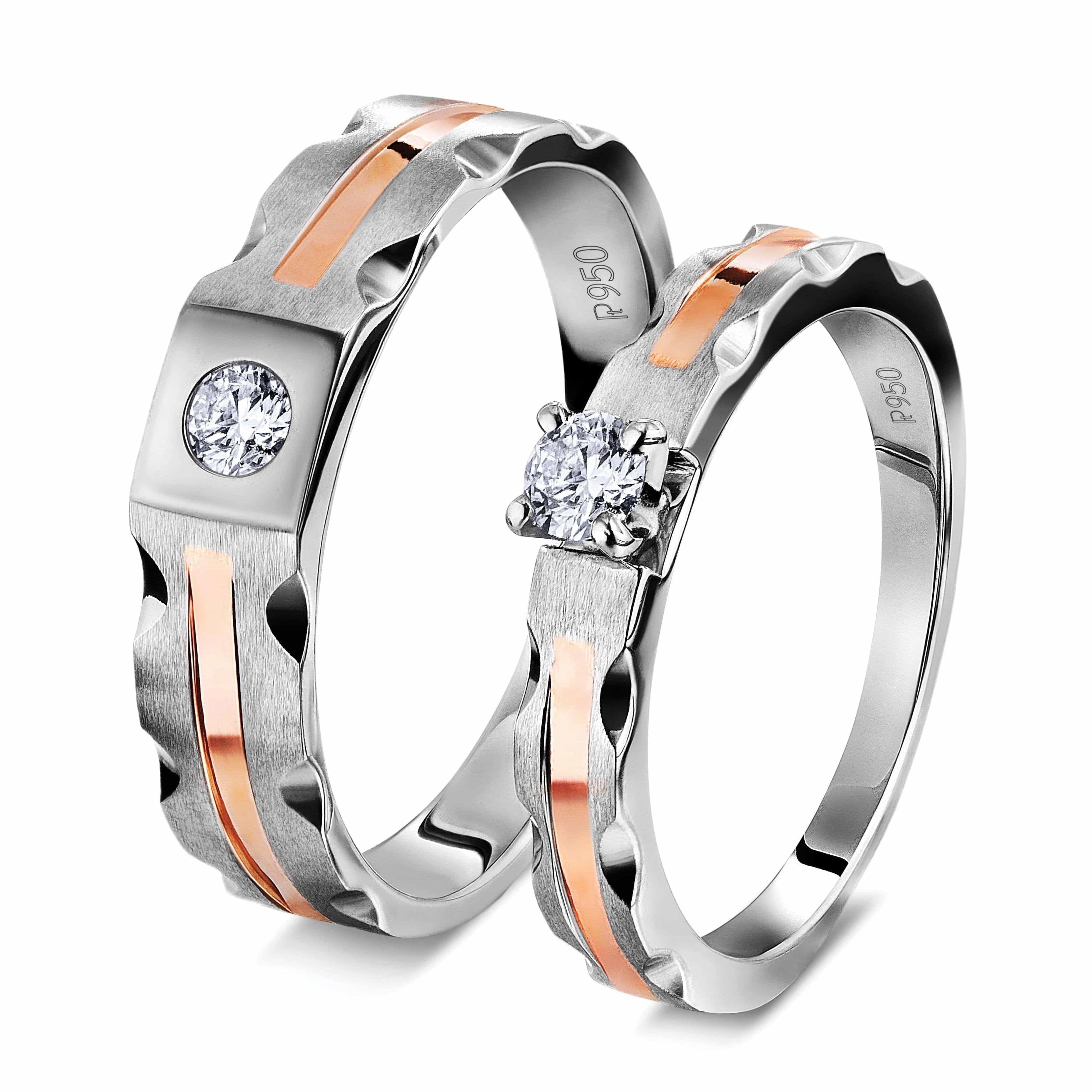 Platinum Couple Rings with Single Diamonds & Rose Gold Grooves JL PT 621