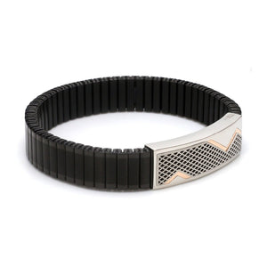 Platinum & Rose Gold Black Band Bracelet for Men - Flexible JL PTB 1089