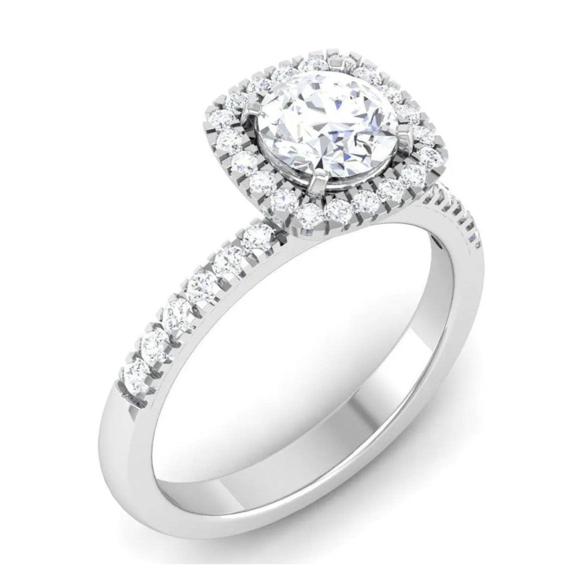 Single Halo Diamond Solitaire Platinum Ring with Diamonds on the Shank JL PT 497