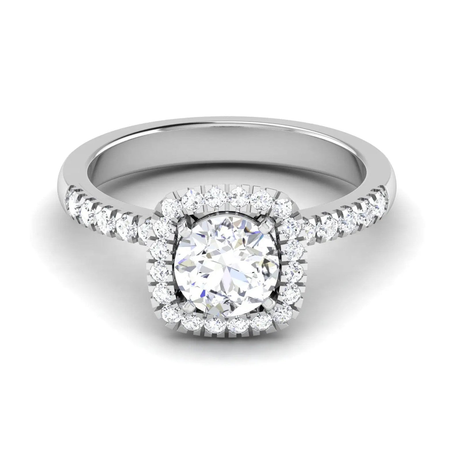 Single Halo Diamond Solitaire Platinum Ring with Diamonds on the Shank JL PT 497