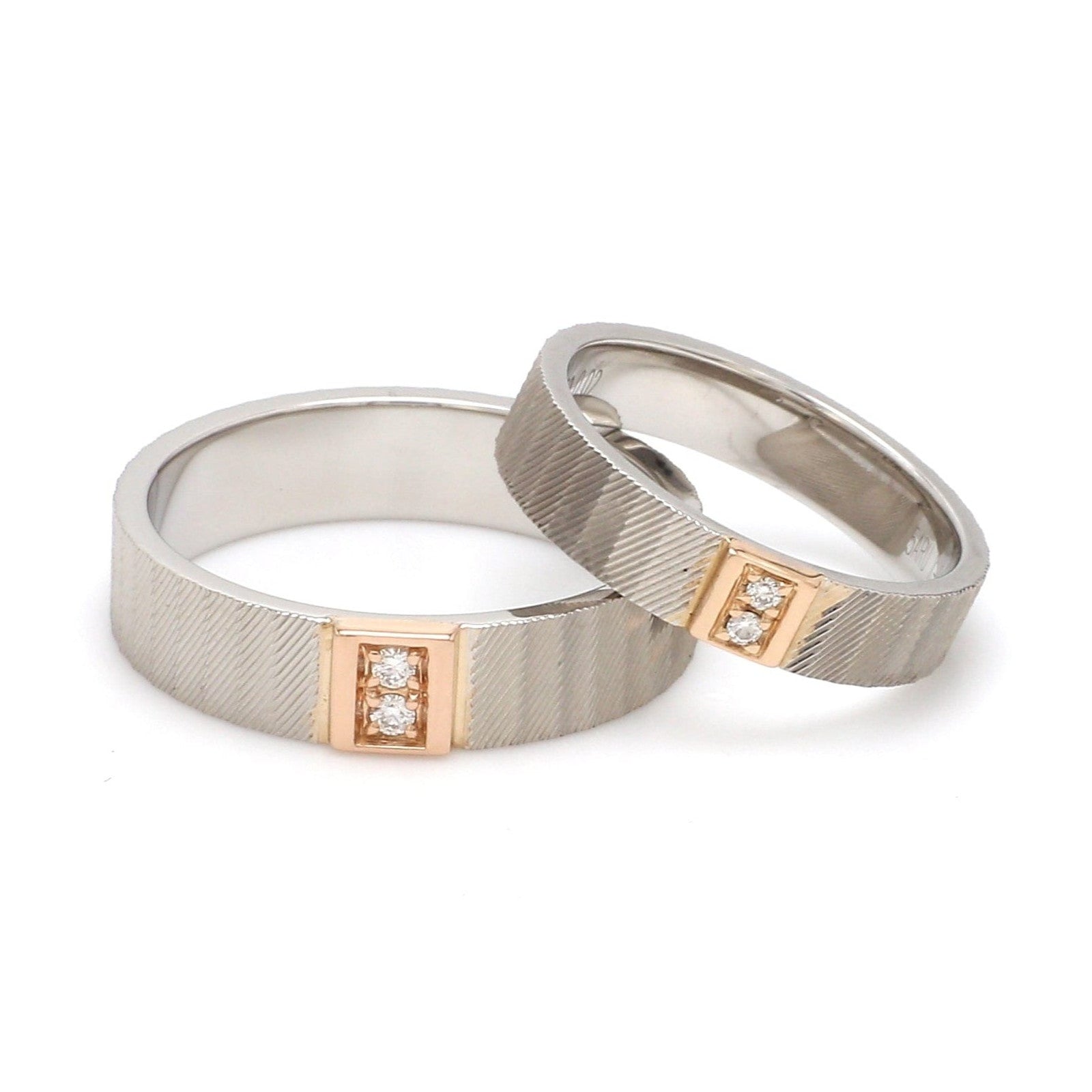 Unique Texture Platinum Love Bands with 2 Diamonds & a Touch of Rose Gold JL PT 914