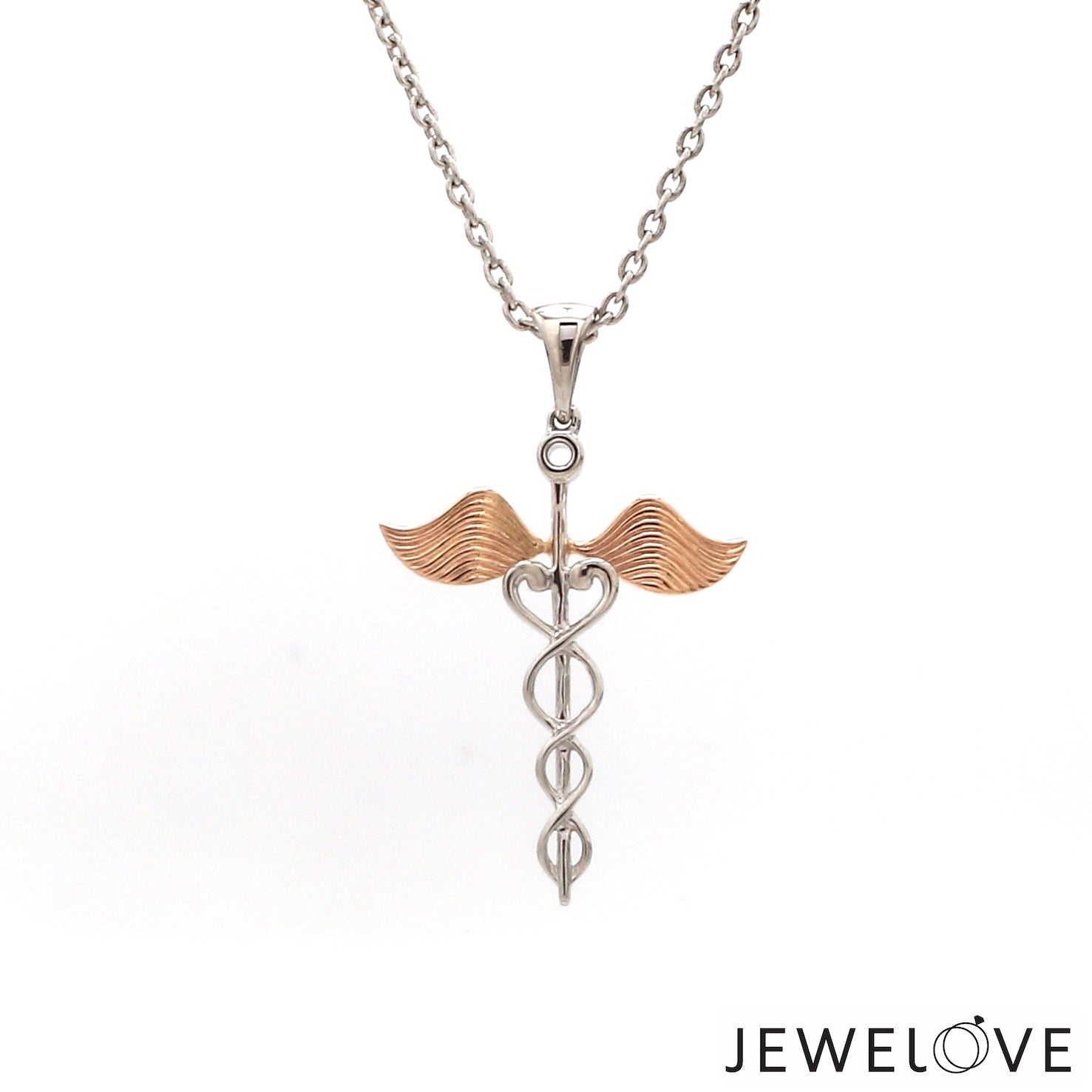 Platinum Caduceus Pendant for Doctors with Rose Gold Wings JL PT P 319   Jewelove.US