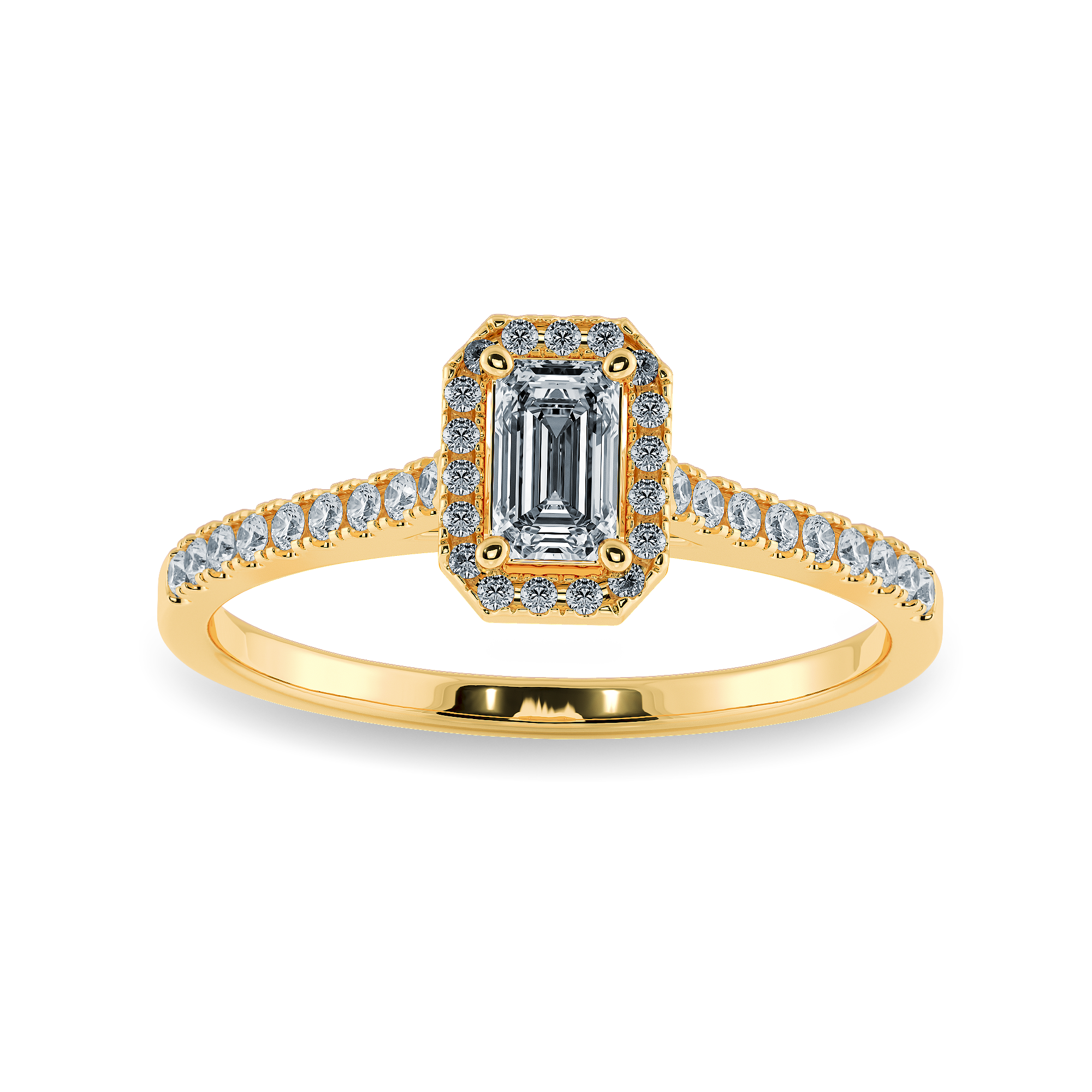 0.70cts. Emerald Cut Solitaire Halo Diamond Shank 18K Yellow Gold Ring JL AU 1197Y-B   Jewelove.US