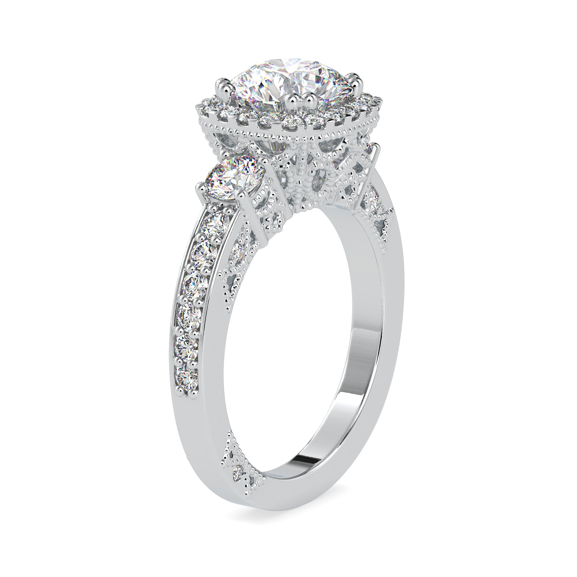 50-Pointer Solitaire Halo Diamond Accents Shank Platinum Ring JL PT 0156   Jewelove.US