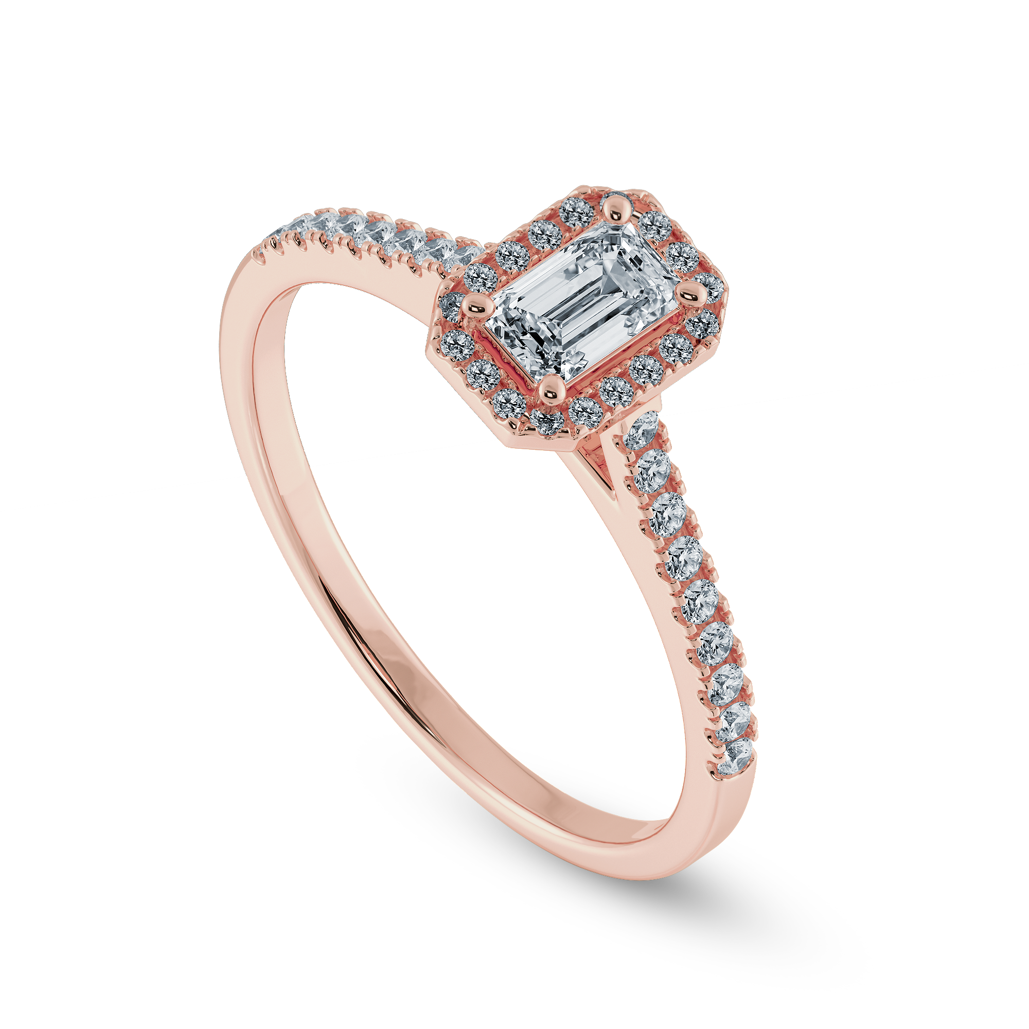 0.70cts. Emerald Cut Solitaire Halo Diamond Shank 18K Rose Gold Ring JL AU 1197R-B   Jewelove.US