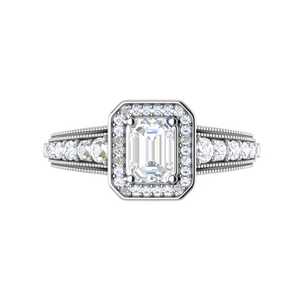 0.50cts. Emerald Cut Solitaire Halo Diamond Shank Platinum Ring JL PT WB6010E   Jewelove.US