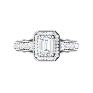 0.70 cts Emerald Cut Solitaire Halo Diamond Shank Platinum Ring JL PT JRW2824MM   Jewelove.US