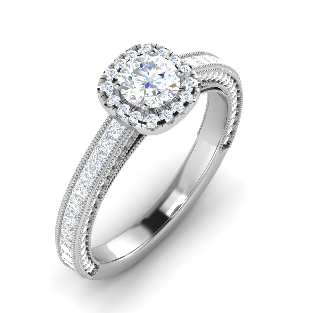 0.50 cts Solitaire Halo Diamond Platinum with Princess cut Side Diamond Ring JL PT RH RD 192   Jewelove.US