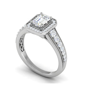 0.70 cts Emerald Cut Solitaire Halo Diamond Shank Platinum Ring JL PT JRW2824MM   Jewelove.US