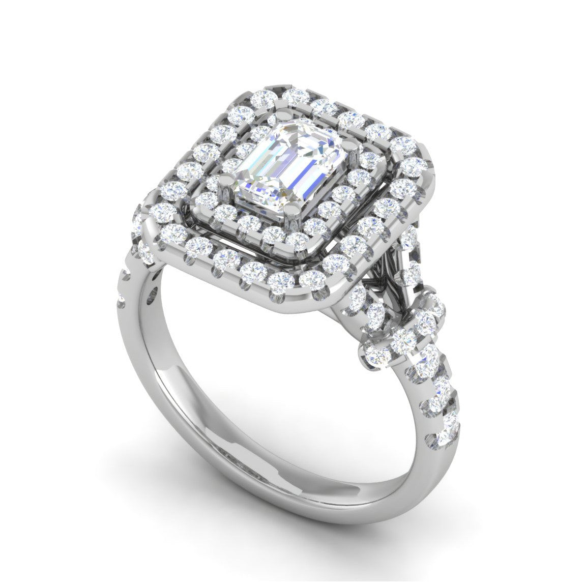 0.50cts Emerald Cut Solitaire Double Halo Diamond Shank Platinum Ring JL PT JRW2822MM   Jewelove.US