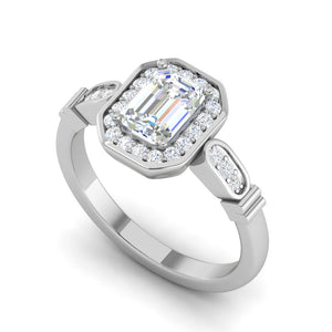 0.50 cts. Emerald Cut Solitaire Halo Diamond Shank Platinum Ring JL PT RM EM 160   Jewelove.US