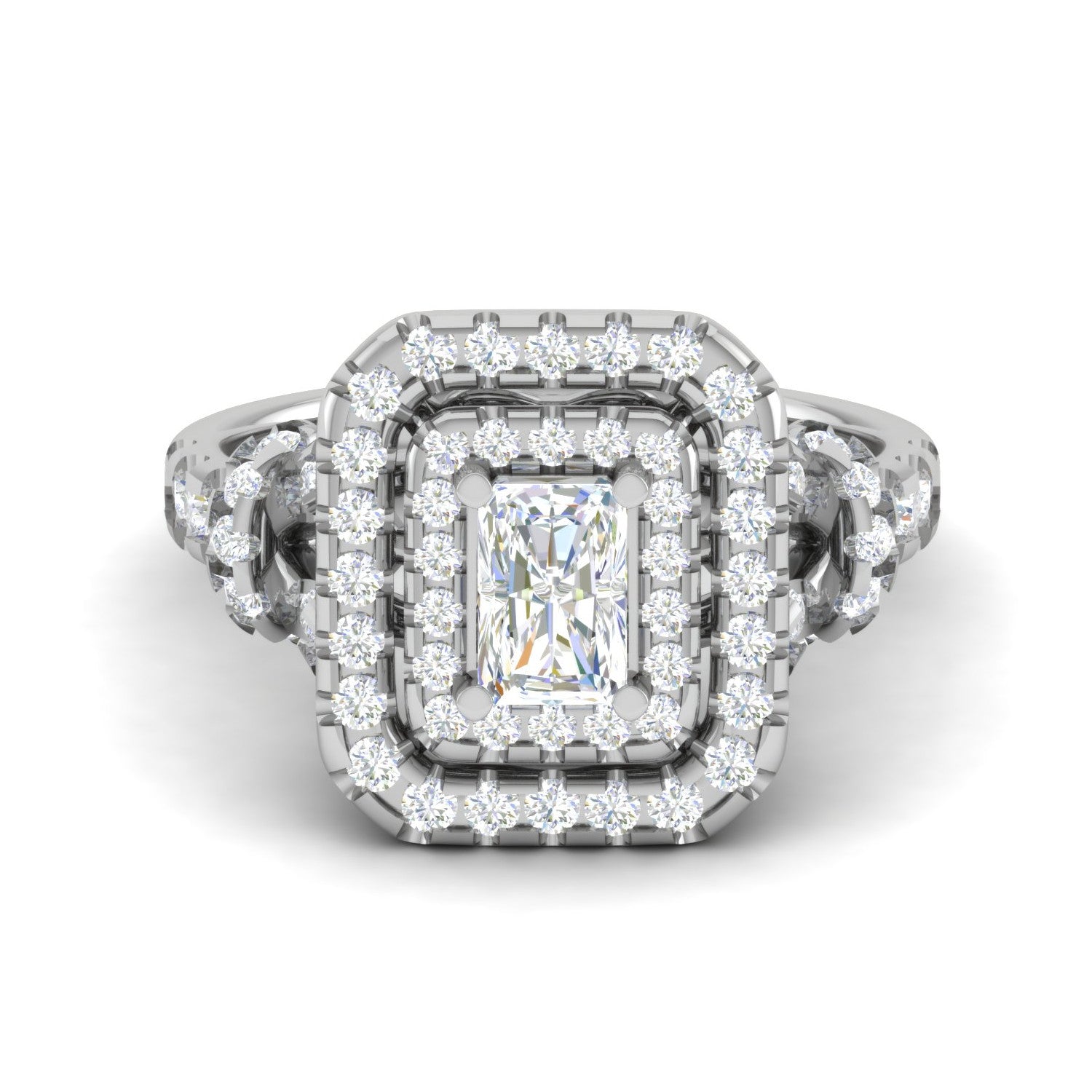 0.50cts. Emerald Cut Solitaire Double Halo Diamond Shank Platinum Ring JL PT WB6009E   Jewelove.US