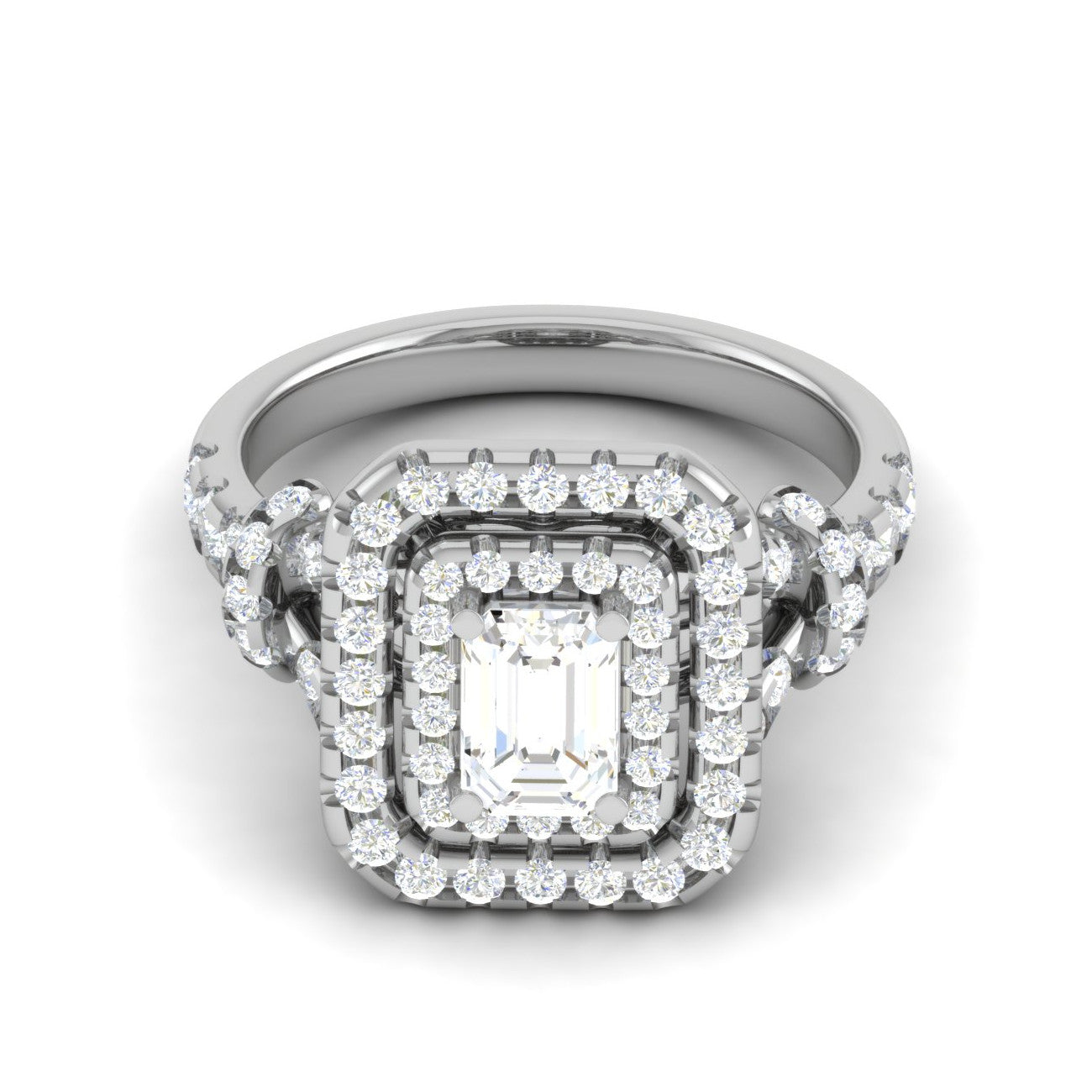 0.50cts Emerald Cut Solitaire Double Halo Diamond Shank Platinum Ring JL PT JRW2822MM   Jewelove.US