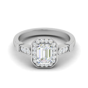 0.50 cts. Emerald Cut Solitaire Halo Diamond Shank Platinum Ring JL PT RM EM 160   Jewelove.US