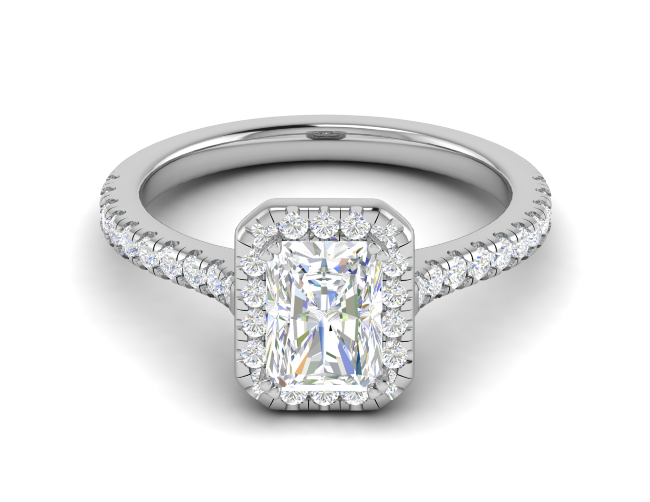 0.70 cts Emerald Cut Solitaire Halo Diamond Shank Platinum Ring JL PT RH RAD 136   Jewelove.US