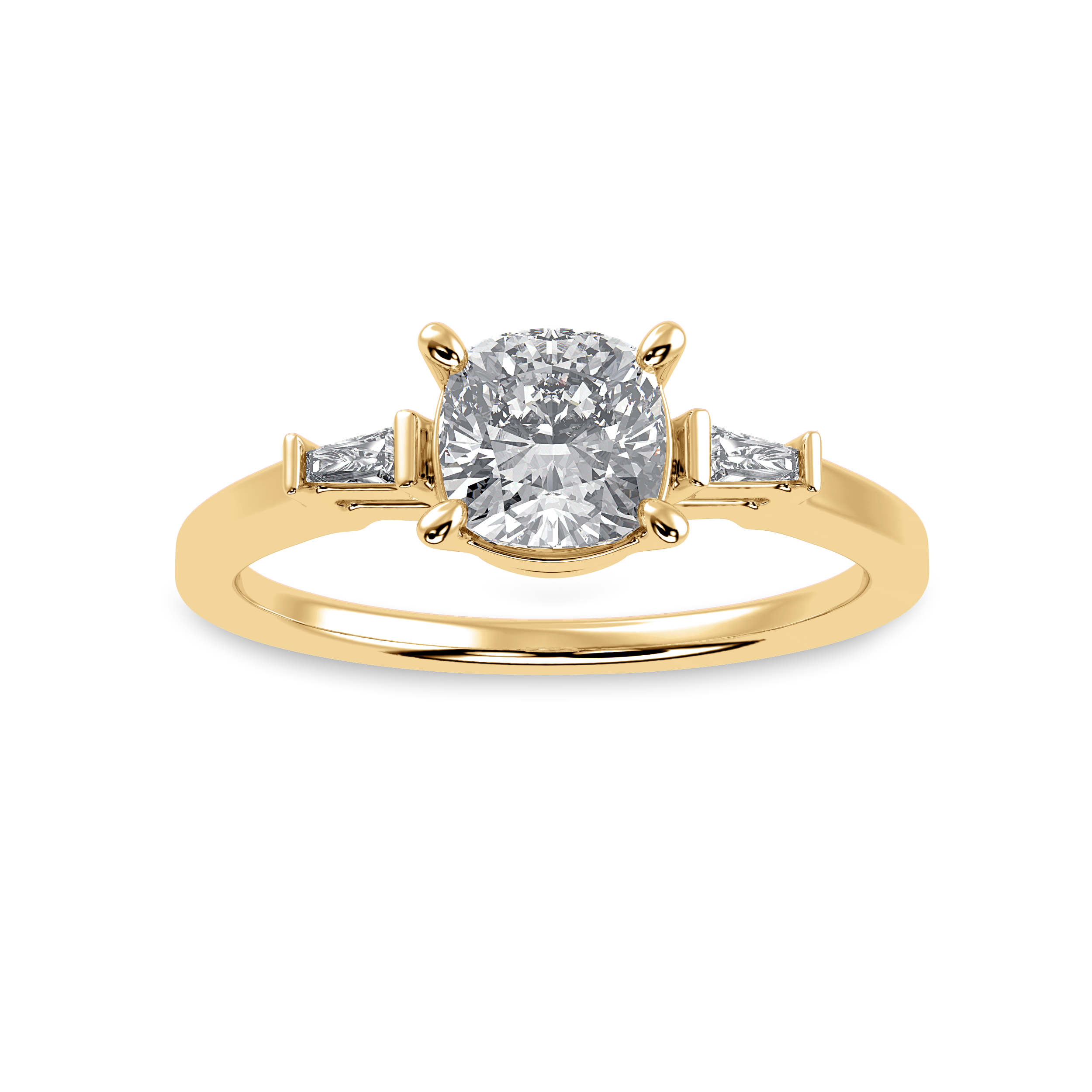 30-Pointer Cushion Cut Solitaire with Baguette Cut Diamond Accents 18K Yellow Gold Ring JL AU 1223Y   Jewelove.US