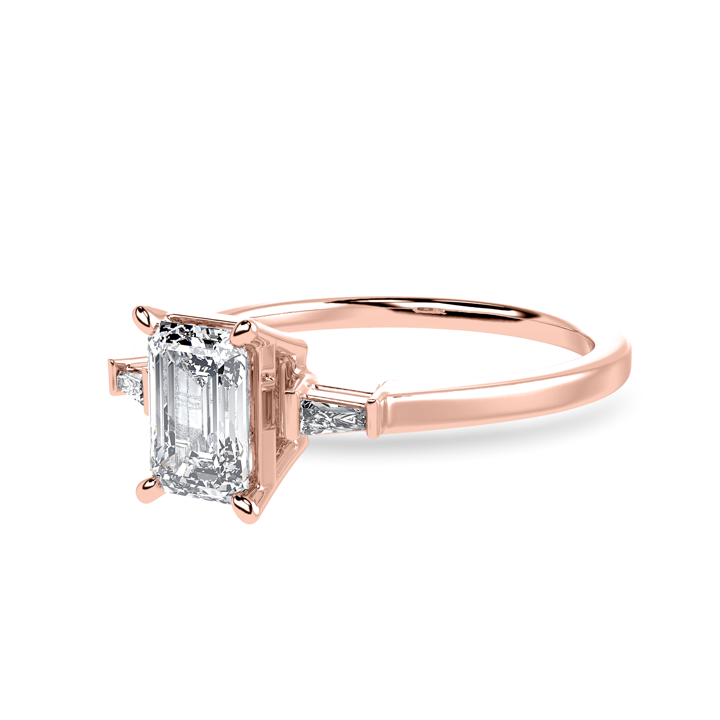 30-Pointer Emerald Cut Solitaire with Baguette Cut Diamond Accents 18K Rose Gold Solitaire Ring JL AU 1224R   Jewelove.US